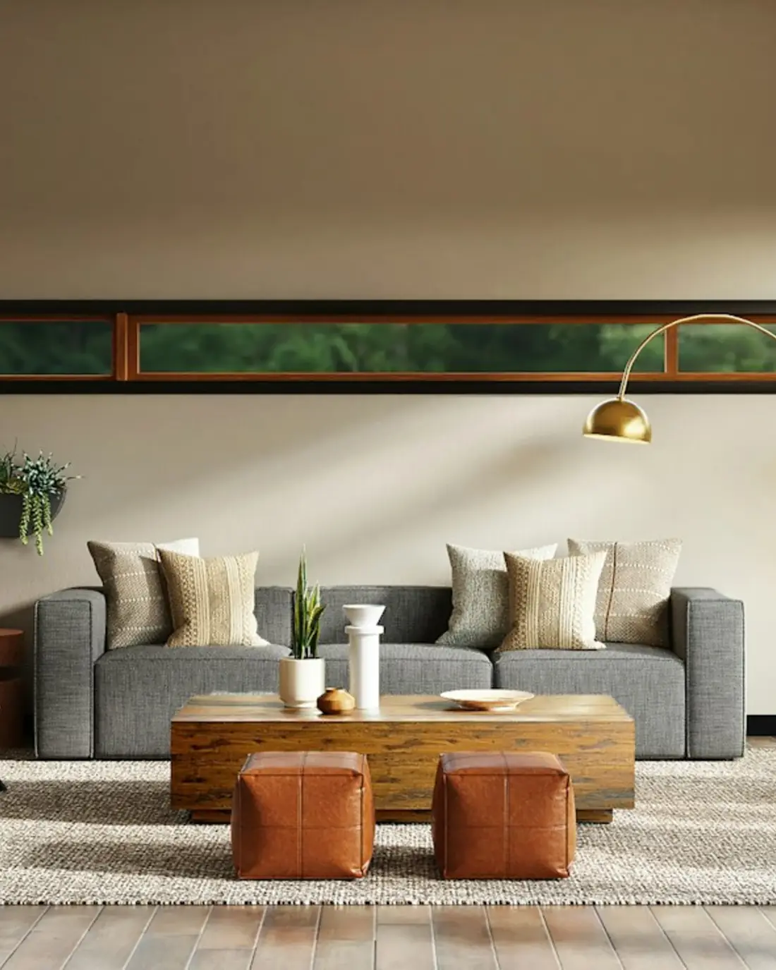 Sala de estar em tons terrosos, com sofá cinza, mesa de madeira e janela em faixa horizontal